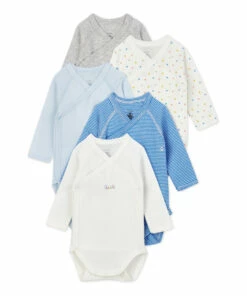 Badelin Organic Cotton Baby Bodysuits - Set of 5 Blue Petit Bateau Fashion Baby
