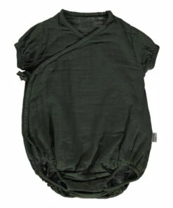 Double Organic Cotton Muslin Crossed Playsuit Dark green Poudre Organic Fashion Baby