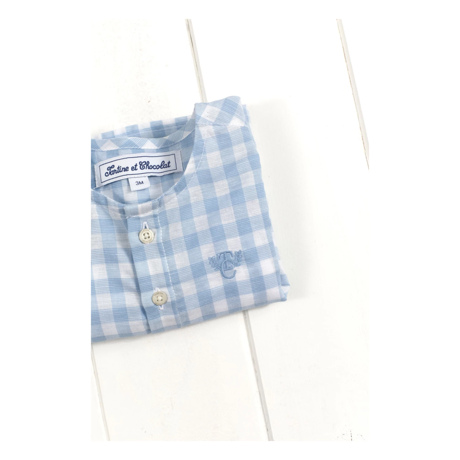 Gingham Linen Kurta Shirt Blue Tartine et Chocolat Fashion Baby 2 Gingham Linen Kurta Shirt Blue Tartine et Chocolat Fashion Baby - Image 2