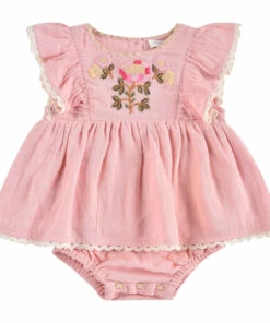 Lena Organic Cotton Muslin Bodysuit Dress Pink Louise Misha Fashion Baby