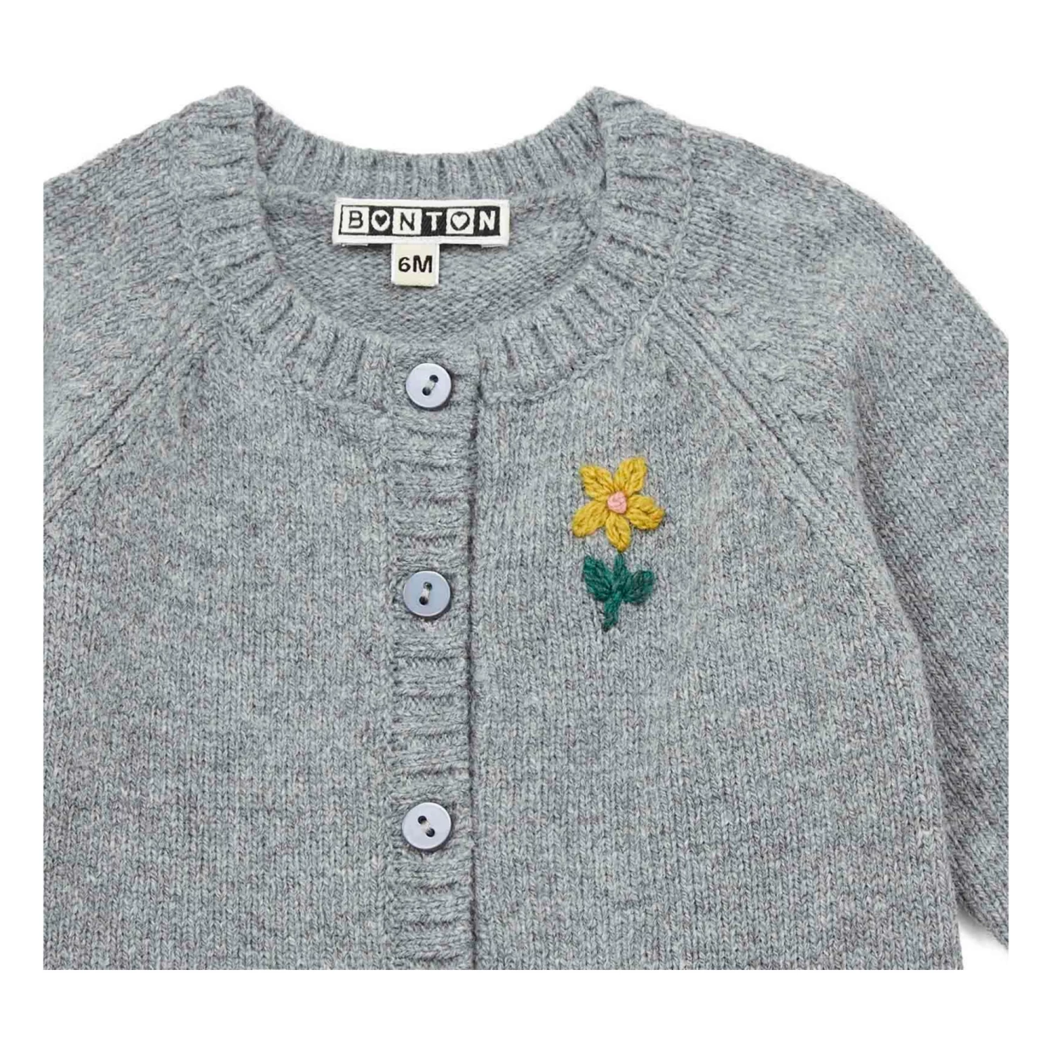 Merino and Embroidered Cotton Cardigan Grey Bonton Fashion Baby 2 Merino and Embroidered Cotton Cardigan Grey Bonton Fashion Baby - Image 2