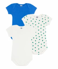 Mini Palmito Organic Cotton Baby Bodysuits - Set of 3 Blue Petit Bateau Fashion Baby