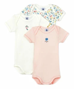 Organic Cotton Floral Baby Bodysuits - Set of 3 White Petit Bateau Fashion Baby, Children