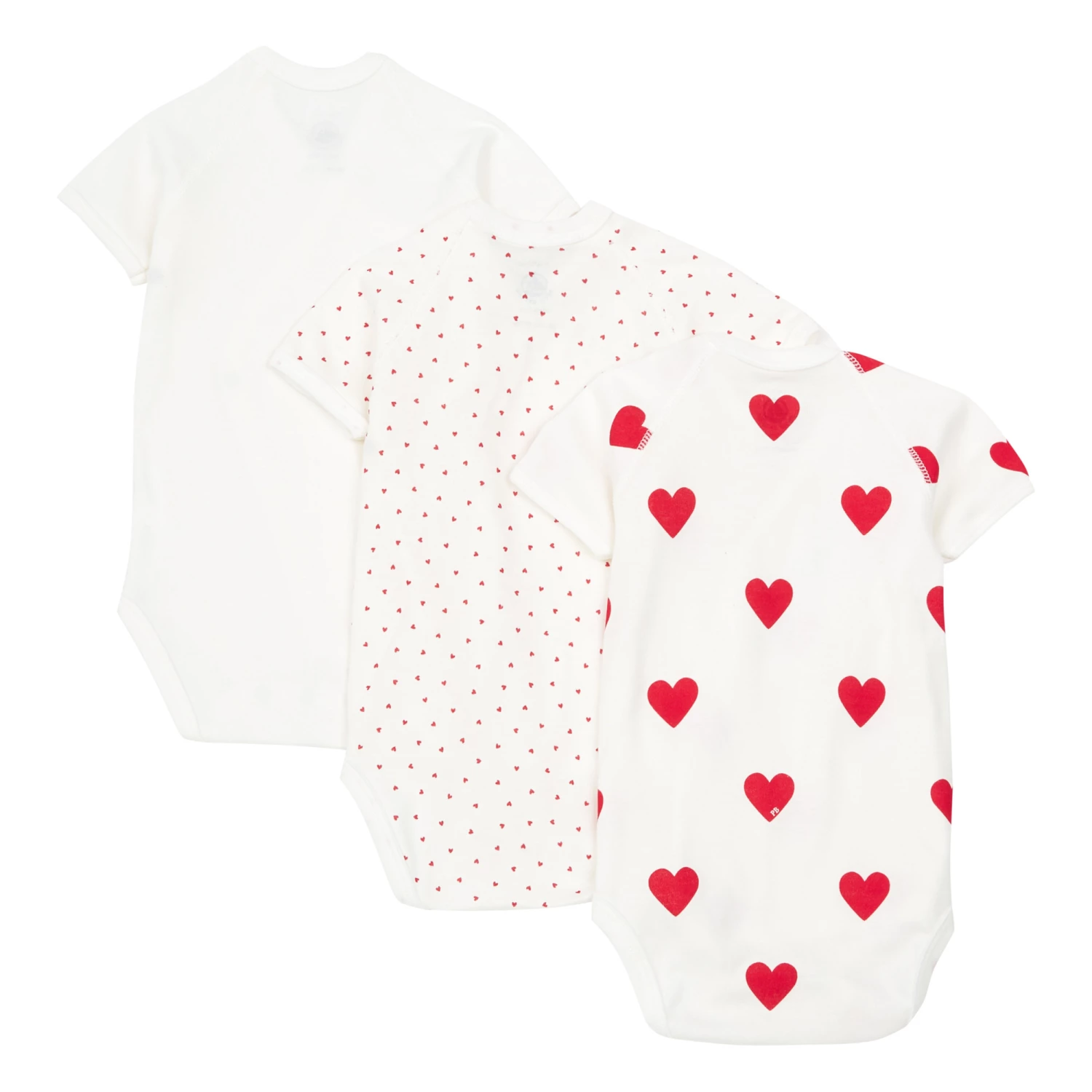 Organic Cotton Heart Baby Bodysuits - Set of 3 Red Petit Bateau Fashion Baby 2 Organic Cotton Heart Baby Bodysuits - Set of 3 Red Petit Bateau Fashion Baby - Image 2