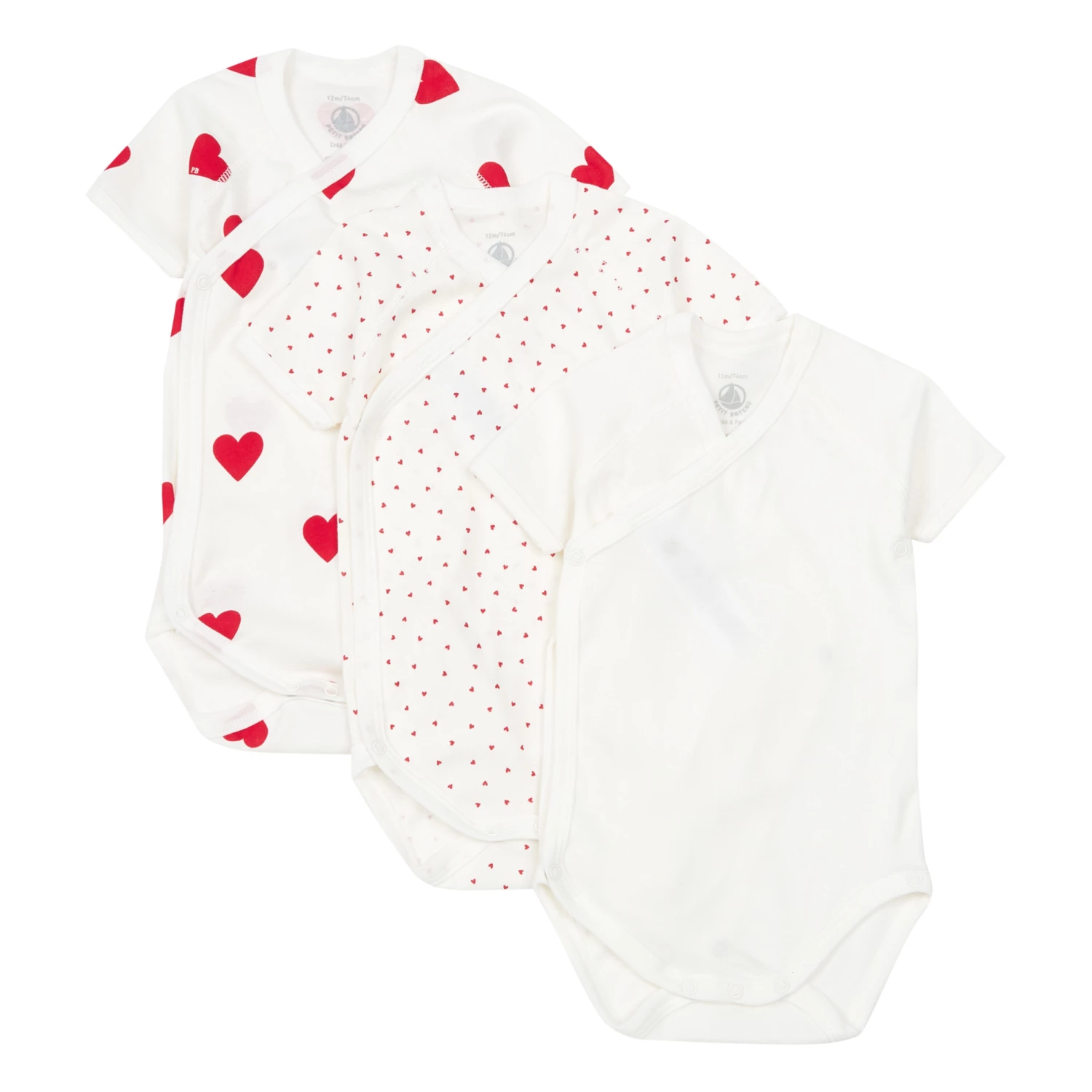 Organic Cotton Heart Baby Bodysuits - Set of 3 Red Petit Bateau Fashion Baby 1 Organic Cotton Heart Baby Bodysuits - Set of 3 Red Petit Bateau Fashion Baby