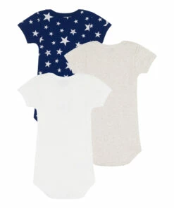 Organic Cotton Short-Sleeved Star Baby Bodysuits - Set of 3 Navy blue Petit Bateau Fashion Baby -Baby Tops Elegant Store organic cotton short sleeved star baby bodysuits set of 3 navy blue petit bateau fashion baby 2