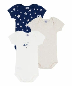 Organic Cotton Short-Sleeved Star Baby Bodysuits - Set of 3 Navy blue Petit Bateau Fashion Baby