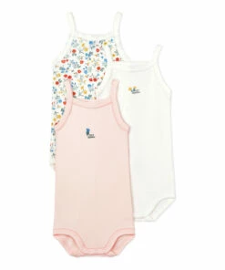 Organic Cotton Sleeveless Floral Baby Bodysuits - Set of 3 White Petit Bateau Fashion Baby, Children