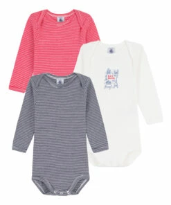 Organic Cotton Striped Baby Bodysuits - Set of 3 White Petit Bateau Fashion Baby, Children