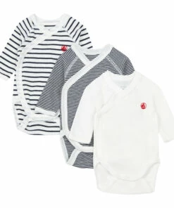 Organic Cotton Wrap Over Striped Baby Bodysuits - Set of 3 White Petit Bateau Fashion Baby