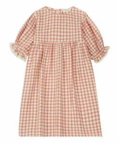 Palmyre Gingham Cotton Muslin Dress Pink Marlot Paris Fashion Baby, Children