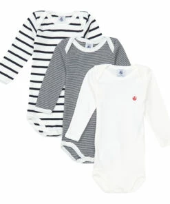 Set of 3 Organic Cotton Striped Babygrows Blue Petit Bateau Fashion Baby