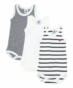 Set of 3 Organic Cotton Striped Babygrows Blue Petit Bateau Fashion Baby
