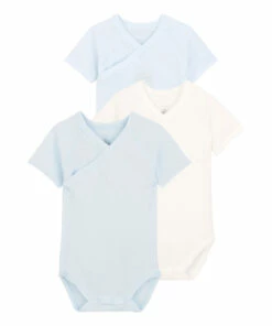 Set of 3 Organic Cotton Striped Crossover Babygrows Pale blue Petit Bateau Fashion Baby