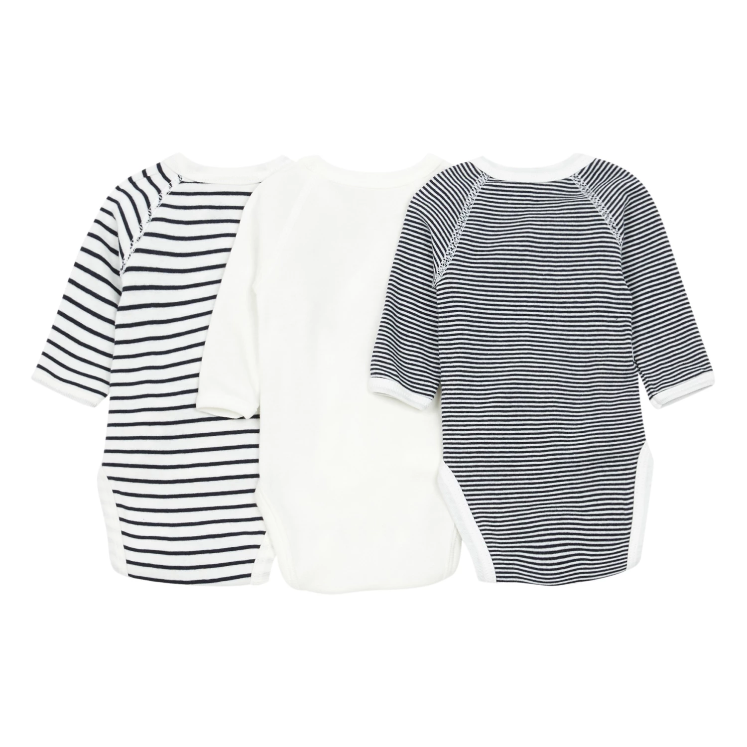 Striped Newborn Crossbody Playsuits - Set of 3 White Petit Bateau Fashion Baby 2 Striped Newborn Crossbody Playsuits - Set of 3 White Petit Bateau Fashion Baby - Image 2