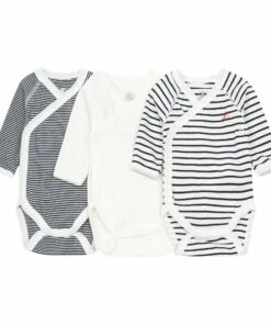 Striped Newborn Crossbody Playsuits - Set of 3 White Petit Bateau Fashion Baby