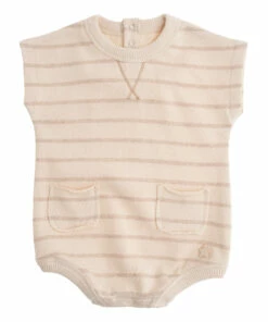 Striped Organic Fleece Romper Taupe brown Tocoto Vintage Fashion Baby