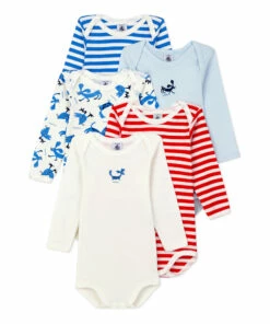 Titou Organic Cotton Baby Bodysuits - Set of 5 Blue Petit Bateau Fashion Baby