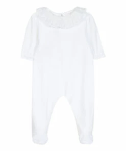 Velour Footed Pyjamas with Lace Collar Ecru Tartine et Chocolat Fashion Baby